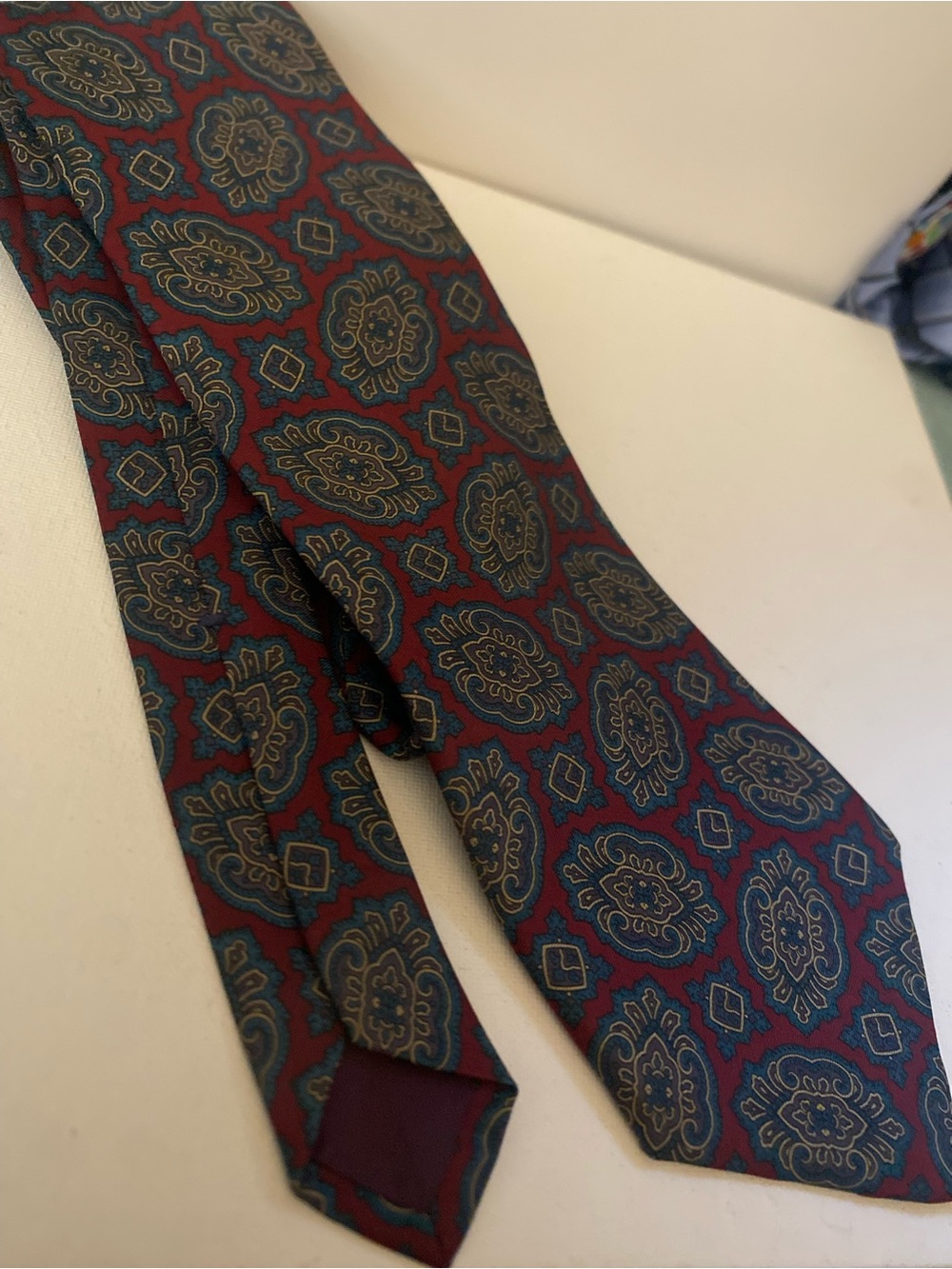 John Ashford Paisley Silk Tie in Burgundy and Teal